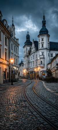 A view of a European street lined with historic buildings. The cobblestone road curves through the scene, while street lights illuminate the buildings. The color palette consists of neutral tones, enhancing the architectural details. This image is suitable for various editorial and commercial applications.の素材