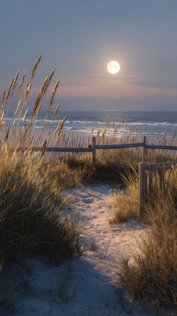 A tranquil coastal scene depicts a sandy pathway leading to the ocean under a full moon. The image features tall grasses and a wooden fence in the foreground, with gentle waves and a soft sky. The lighting suggests dusk. Suitable for environmental or travel-related publications.の素材