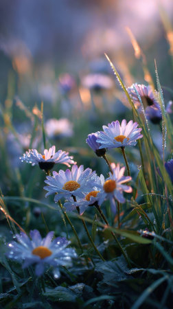 A field of daisies is seen up close, showcasing their white petals and yellow centers. The scene features fresh green grass with water droplets, creating a dewy texture. Warm sunlight bathes the flowers in a soft, diffused glow, suggesting an outdoor setting. This image could be used for various purposes.の素材