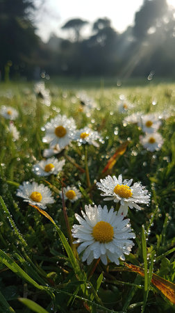 This image features a collection of daisies in a field, illuminated by sunlight. The visual elements include white petals, yellow centers, and green grass. The soft focus and natural lighting suggest an outdoor environment during the day. Suitable for various editorial and commercial applications related to nature and beauty.の素材