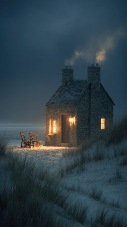 A stone cottage glows warmly against a backdrop of twilight. Soft lighting emanates from the windows, casting a gentle light on the snow covered ground. The composition features two chairs outside suggesting rest and relaxation, with smoke rising from the chimney. Suitable for various editorial or commercial applications.の素材