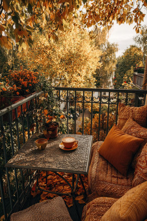 A charming balcony scene showcases an inviting ambiance with warm tones. A table with a coffee cup sits near cushions and pillows, while foliage in shades of orange and yellow adds to the autumnal atmosphere. This imagery is suitable for editorial or commercial applications, evoking comfort and relaxation.の素材