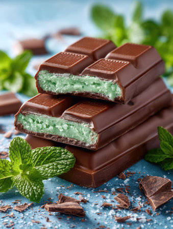 This image showcases stacked chocolate bars with a vibrant green mint filling. The composition includes fresh green mint leaves and chocolate shavings, set against a blue surface. The lighting is bright and the focus is sharp, suitable for advertising, culinary, or illustrative uses.の素材