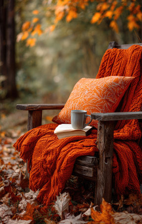 An outdoor scene features a wooden chair draped with a knitted blanket and a decorative pillow. A book and a mug are placed on the chair. The composition showcases warm colors, a soft focus, and natural lighting. The image is suitable for various commercial purposes and can be used in editorial content.の素材
