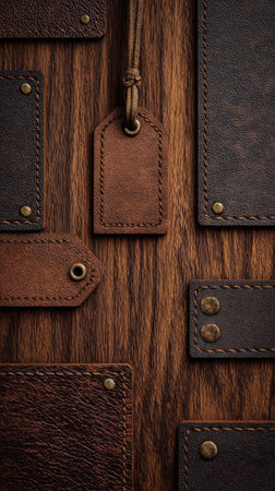This image showcases various leather tags and details arranged on a wooden surface. The close-up shot highlights the texture and color variations, from dark brown to lighter shades. The composition features overhead lighting, creating shadows and enhancing the three-dimensional appearance. Suitable for commercial projects or editorial content related to craft or design.の素材