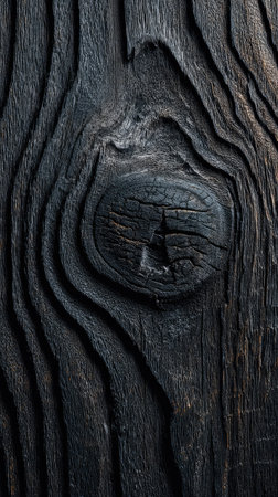 This image showcases a close-up view of dark wood, revealing detailed grain patterns and knots. The texture exhibits a weathered appearance, with variations in tone and texture. The composition utilizes vertical orientation with close-up focus. The image could be used for backgrounds, design elements, or commercial projects.の素材