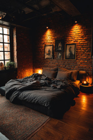 An inviting bedroom showcases a large bed with dark bedding set against a textured brick wall, illuminated by warm lighting. Several framed artworks adorn the wall, enhancing the room's aesthetic appeal. This interior scene would be suitable for various commercial projects related to home decor and lifestyle.の素材