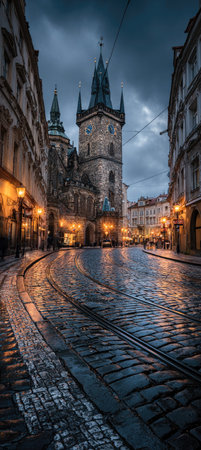 A view of a European street showcases a stone tower. The stone street, lit by warm lights, reflects the sky. The image has a moody, atmospheric quality. This could be used for travel, architecture, or general stock photography to illustrate various concepts.の素材