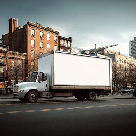 A white delivery truck is parked on a city street. The image features the truck with a large blank surface, possibly for advertising. The composition highlights the truck's shape and form with a focus on its empty space. It has a slightly overcast sky, suggesting it could be used for commercial or editorial applications.の素材