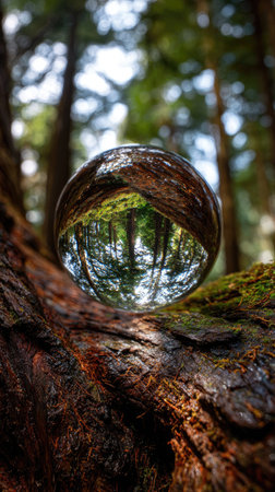 A crystal ball rests on a textured tree trunk, reflecting a vibrant forest environment. The image showcases rich green foliage and brown tree trunks against a blurred background. The composition uses natural light creating a dynamic scene. This photograph is suitable for various commercial uses including editorial and illustrative projects.の素材