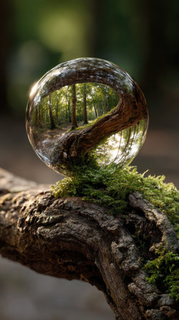 A transparent sphere displays a reflected image of a forest interior. It sits on a mossy, textured wooden branch. The scene features natural lighting and a blurred background. This image could be used for various commercial projects related to nature, environment, and concepts of reflection.の素材