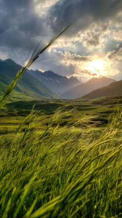 A vibrant landscape showcases a foreground of green grass and background of mountains under a cloudy sky. The composition features rich colors, with sunlight breaking through the clouds. This image could be suitable for various uses, including marketing materials or editorial content, representing nature's beauty.の素材