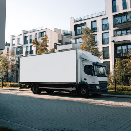 A white delivery truck is parked on an asphalt street with modern residential buildings in the background. The scene features daylight and a clear sky, with the buildings displaying a clean, contemporary design. The image is suitable for various commercial purposes, including advertising and editorial content related to logistics and urban development.の素材