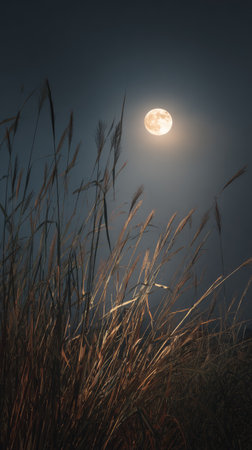 A striking night scene presents a full moon dominating the sky, casting a warm glow over tall, dry grass in the foreground. The composition emphasizes vertical lines, with soft focus creating a dreamy atmosphere. This image could be used for various projects, including editorial features or visual storytelling.の素材