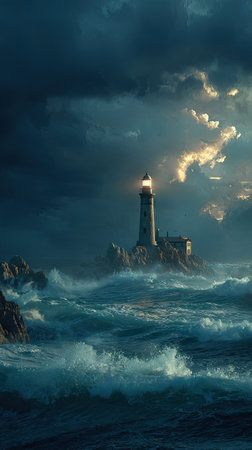 A lighthouse stands on a rocky island amidst turbulent waves under a dramatic sky. The scene features dark blues and grays, with glowing lights emanating from the lighthouse. The composition utilizes a low angle perspective and conveys a sense of isolation. Suitable for editorial and commercial use.の素材