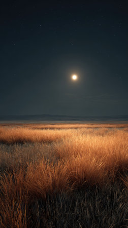 A field of tall grass is bathed in warm light under a dark, moonlit sky. The composition features a low-angle perspective, highlighting the textured grass in the foreground. The scene evokes a sense of calm and mystery, suitable for various editorial and commercial applications.の素材