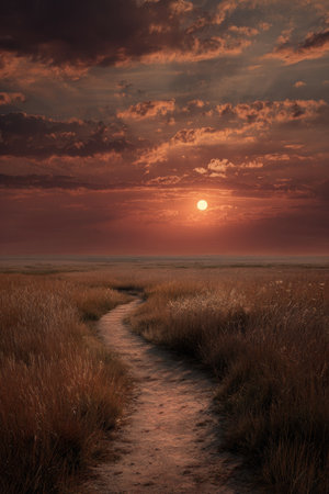 A scenic landscape captures a pathway winding through tall grasses towards the horizon. The composition features warm tones from an early evening sun, with textured clouds. This image conveys a sense of depth, with its golden hour lighting. Suitable for various applications related to travel, nature, and environmental themes.の素材