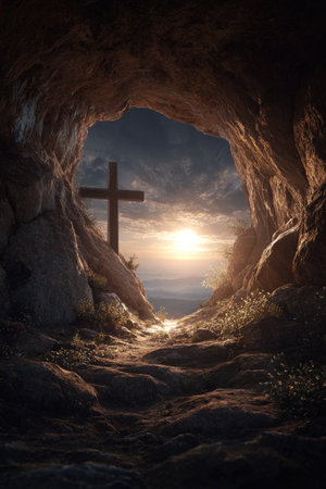 An image showcases a stone cave, its opening framing a cross against a glowing sky. The scene is illuminated by strong sunlight, creating dramatic shadows and highlighting the texture of the rock formations. Suitable for various editorial or commercial applications, the visual emphasizes symbolism and spiritual themes.の素材