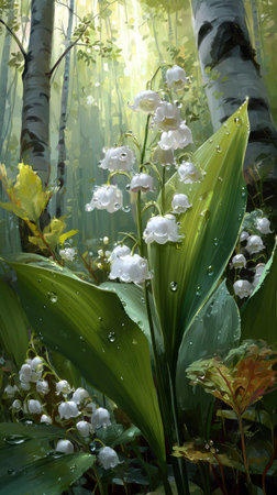 A close-up captures lily of the valley flowers with large green leaves. The scene presents a forest backdrop, with the sunlight filtering through the trees, illuminating the plants. This artistic portrayal of nature could be suitable for various commercial or editorial applications.の素材