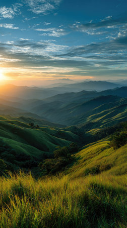 A scenic landscape unfolds, showcasing undulating green hills and mountains under a dynamic sky. The composition emphasizes the contrast between the grassy foreground and the distant peaks, bathed in warm sunlight. The image could be used for various purposes, including travel, environmental, or illustrative projects.の素材