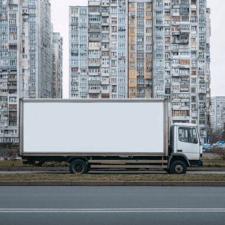 A white delivery truck with an empty trailer stands roadside near high-rise residential buildings. The image shows a flat, overcast lighting. The truck's design provides blank space for text or graphics. Suitable for use in visual marketing for logistics, shipping, or supply chain concepts.の素材