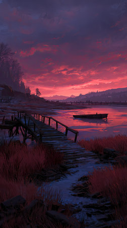 An illustration depicts a vibrant sunset over a body of water. A weathered wooden pier extends into the scene. The sky displays a gradient of pinks and purples. A boat floats on the water. The scene uses warm colors, with a sense of peace. Suitable for editorial and commercial use.の素材