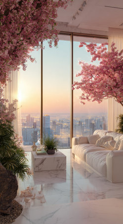 An interior space features a large window framing a cityscape at sunset. Pink flowering trees adorn the interior, while a neutral-toned sofa and marble table add elegance. The soft lighting suggests a warm ambiance, suitable for commercial projects or editorial use focusing on design and serenity.の素材