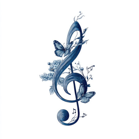 This image presents a stylized, blue treble clef embellished with butterflies and delicate floral arrangements. The artwork is set against a plain white background, highlighting its watercolor-like textures and intricate details. Its composition is artistic, suggesting visual interest applicable for design, decorative, or educational purposes.の素材