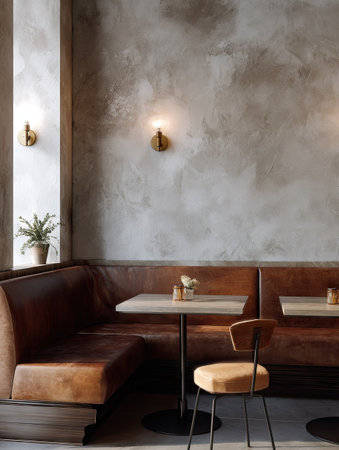 An inviting interior showcases leather seating arrangements and small wooden tables. The scene incorporates warm neutral tones, textures, and subtle illumination from overhead wall fixtures. This image depicts a comfortable indoor space suitable for commercial projects or editorial applications, offering a sense of calm and sophistication.の素材