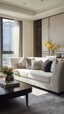 This living room showcases a modern interior design featuring a neutral color palette. A comfortable sofa is adorned with various pillows, while sunlight streams in through a large window, illuminating the space. The composition includes a coffee table and decorative elements, suitable for various design projects and commercial applications.の素材