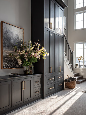 This interior showcases modern cabinetry with elegant gold hardware. A framed landscape painting and a bouquet of flowers add to the decor. Bright natural light streams through windows, illuminating the textured carpet and a staircase. Ideal for use in design publications and commercial projects.の素材