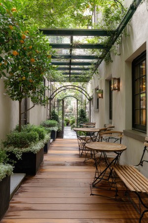 An inviting outdoor dining area features a wooden floor, tables, and chairs. Lush greenery, including plants and trees, surrounds the space, creating a natural ambiance. Overhead, a structure provides shade and visual interest. This setting might be suitable for editorial or commercial projects.の素材