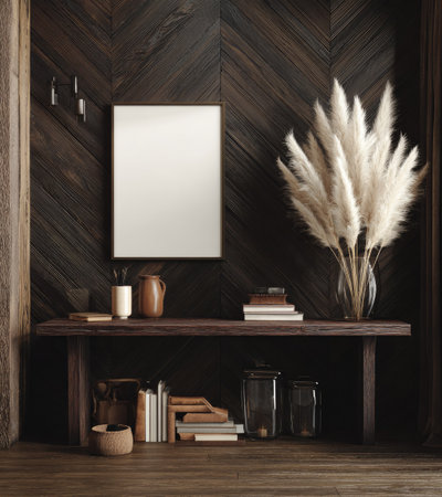 An interior shot features a wooden console table adorned with books, jars, and decorative items. A rectangular mirror hangs above the table, with a large arrangement of fluffy plumes on the right. Warm lighting and a dark wood wall suggest an indoor setting, suitable for various interior design themes and editorial content.の素材