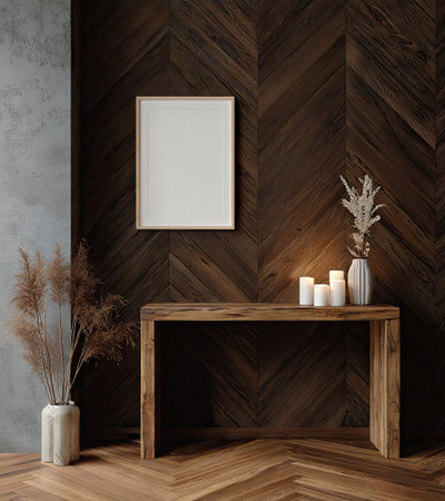 A wooden console table displays a framed picture, decorative vases with dried plants, and several candles. The scene has warm lighting, enhancing the wooden textures and patterns. It appears to be indoors, possibly in a living room or entry way. The setting could be suitable for home decor projects or lifestyle editorial content.の素材