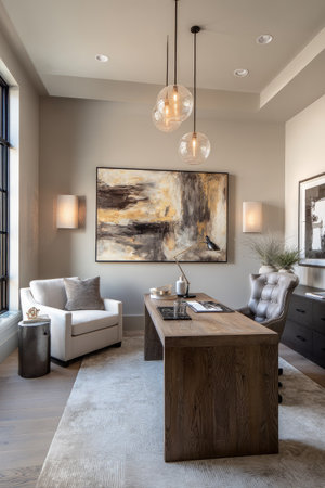 A well-appointed home office interior showcases a wooden desk, comfortable chair, and abstract artwork. Overhead lighting complements the neutral color palette of the room. This interior setting is bathed in natural light, suggesting a tranquil and productive environment suitable for various commercial uses.の素材