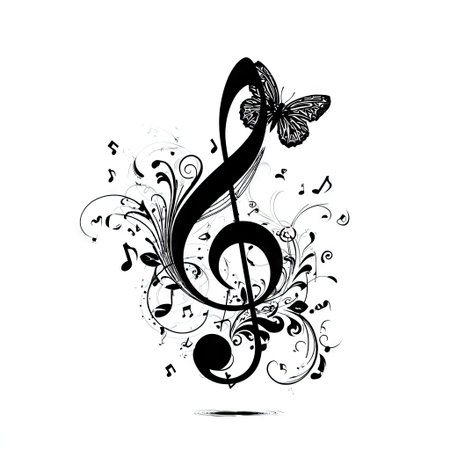 A stylized illustration features a large treble clef decorated with ornate floral designs and a butterfly. The monochromatic artwork employs shades of black and white, offering a high-contrast visual. Suitable for various design projects, it is adaptable for use in digital art and print media applications.の素材
