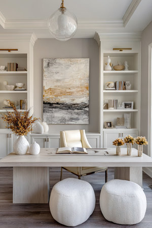 An interior shot presents a well-lit office space featuring a desk, bookshelves, and abstract artwork. The color palette emphasizes neutral tones like white, beige, and gray. The composition includes decorative vases, books, and soft lighting, ideal for commercial or editorial applications related to interior design and home decor.の素材