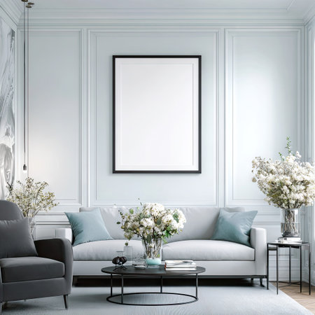 This interior scene showcases a contemporary living room with a white sofa, decorative flowers, and an empty picture frame. The space is illuminated by soft lighting, highlighting the textures of the furnishings. The composition suggests a serene and inviting atmosphere, suitable for various editorial and commercial applications. The design incorporates a minimalist approach with a focus on simplicity and elegance.の素材