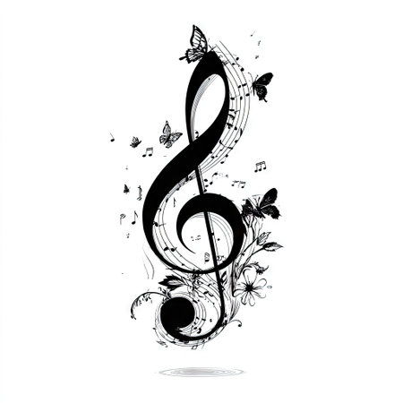 A graceful black and white illustration presents a musical clef intertwined with musical notes, butterflies, and delicate floral accents. The artistic composition utilizes line art against a clean, white background, creating a visually appealing design. Suitable for various creative projects, the image has potential for both commercial and editorial uses.の素材