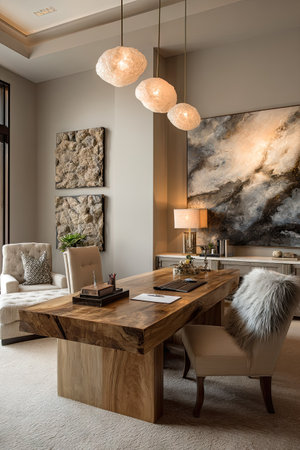 An inviting home office featuring a large wooden desk, ideal for work or creative endeavors. The room showcases neutral tones and ambient lighting, including pendant lamps. Artwork and furniture create a sophisticated environment. Suitable for interior design, lifestyle and architectural projects.の素材