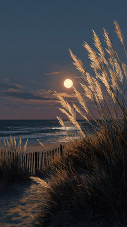 An evening scene depicts tall grasses illuminated by a full moon. The image showcases the ocean and a wooden fence. Warm hues of gold and brown contrast with a cool, dark blue sky. This image is suitable for various commercial uses, including artistic prints and website backgrounds.の素材