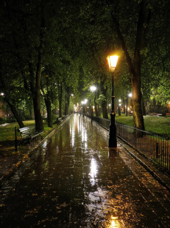 A nighttime view depicts a pathway reflecting overhead streetlights after a rain. The scene features a long, wet walkway bordered by trees. The soft, ambient glow of the lamppost and reflections on the ground create an atmospheric effect suitable for artistic or commercial purposes.の素材