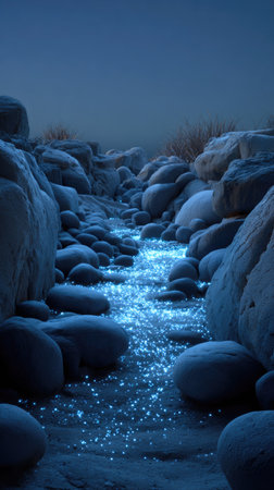 A waterway of glowing particles flows between large, smooth rocks. The scene is illuminated with a cool blue palette, creating a serene and mysterious atmosphere. This image could be utilized for various commercial purposes, including website design or editorial illustrations that focus on nature.の素材