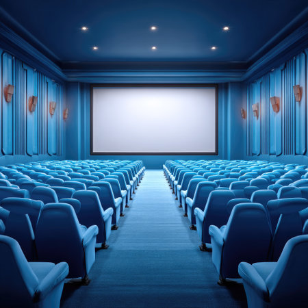 An empty cinema theater features rows of blue seating facing a large, blank projection screen. The interior presents a monochromatic color scheme with overhead lighting. Curtains adorn the walls, creating a formal setting. This image could be suitable for visual content in advertising, presentations, or editorial purposes.の素材