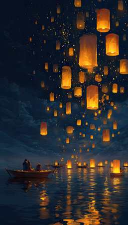Numerous glowing lanterns ascend into the night sky above a calm body of water, casting reflections. The scene depicts a dark setting with the primary light source from the lanterns. A boat with figures adds to the narrative, suggesting tranquility. The image is suitable for various commercial uses.の素材