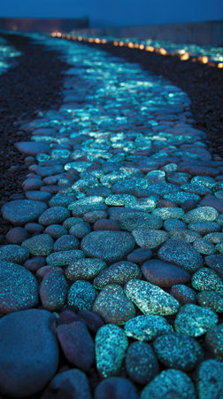 A pathway composed of glowing rocks winds towards the horizon under a dark sky. The stones emit a vibrant blue light, creating a stark contrast against the darker surroundings. The composition features a long perspective, highlighting the textured surface and illuminating the environment. Suitable for editorial and commercial applications.の素材