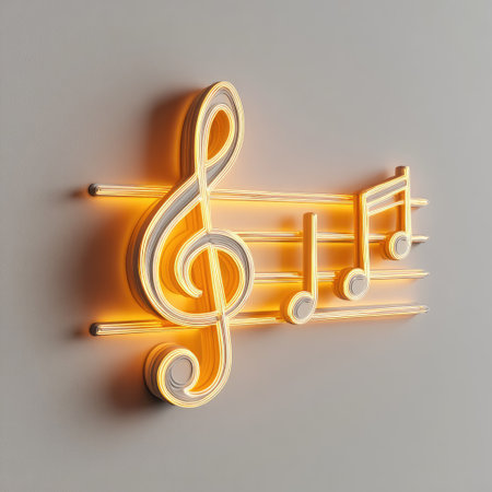 Illuminated musical notes and a treble clef are featured. The warm yellow glow contrasts against a gray backdrop. The composition is clean and modern, highlighting the musical theme. It may be suitable for advertising, website design, or other creative projects.の素材
