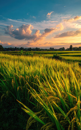 A field of rice plants sways gently in the wind, illuminated by the warm light of the setting sun. The sky above is a canvas of blue and orange hues, with fluffy clouds adding texture. This image's natural beauty and golden light are ideal for various commercial and editorial projects.の素材