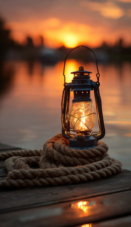 A vintage lantern illuminated by a warm glow rests atop coiled rope on a wooden surface. The composition features a blurred body of water and a vibrant sunset, with oranges and yellows dominating the sky. This image evokes feelings of tranquility and nostalgia, suitable for various editorial and commercial applications.の素材