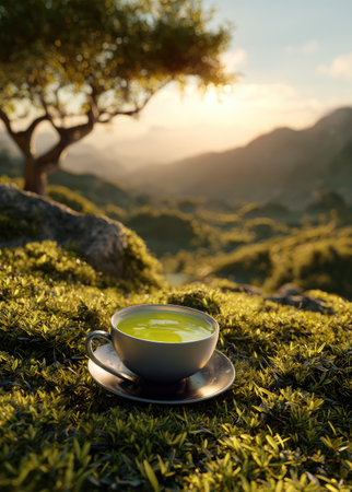 A cup of green tea sits on a saucer, positioned in the foreground, with a blurred backdrop of a mountainous landscape. The scene is bathed in warm sunlight, creating a golden glow. This image's natural textures and colors may be suitable for wellness and lifestyle publications, or use in advertising campaigns.の素材